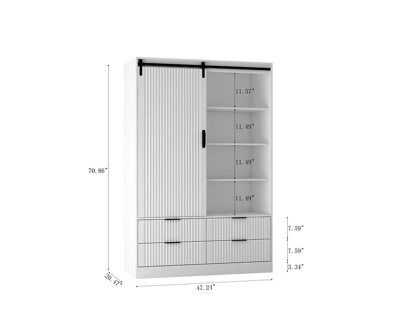 Casainc Tall Cabinet Bedroom Armoire Wardrobe Closet Clothing with Hanging Rod Barn Door Drawers Open Shelves