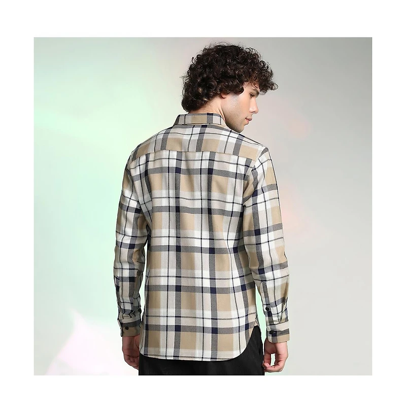 Campus Sutra Men's Sand Beige Shadow-Checkered Shirt