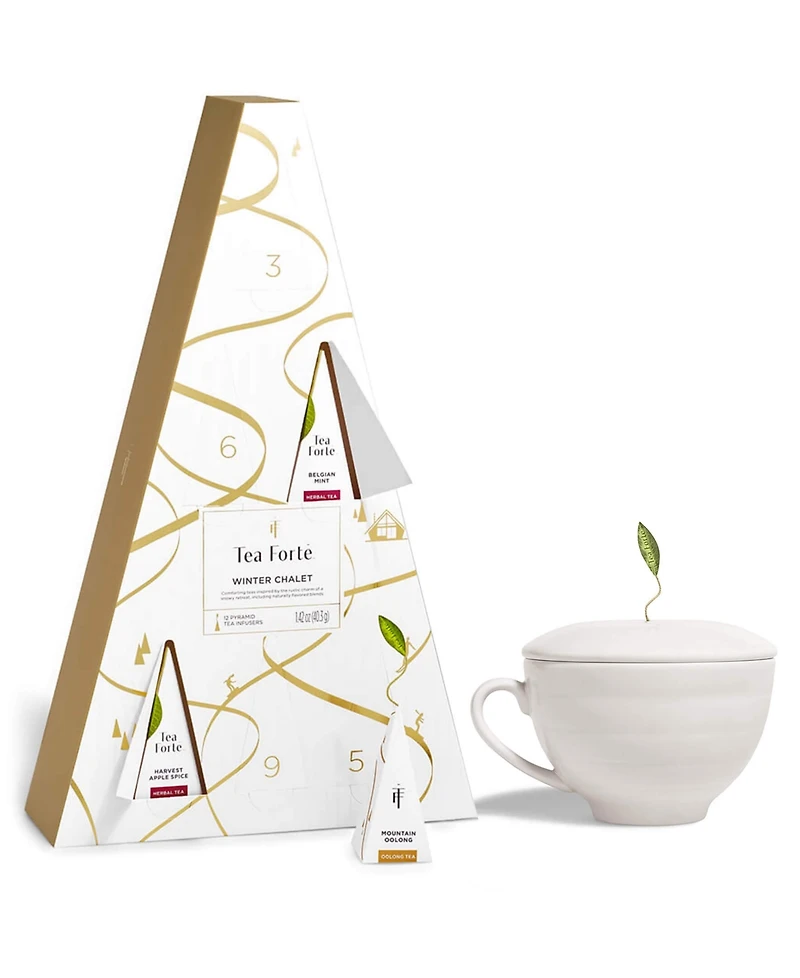 Tea Forte Holiday Winter Advent Bundle 12-Pyramid Infusers and Cafe Cup