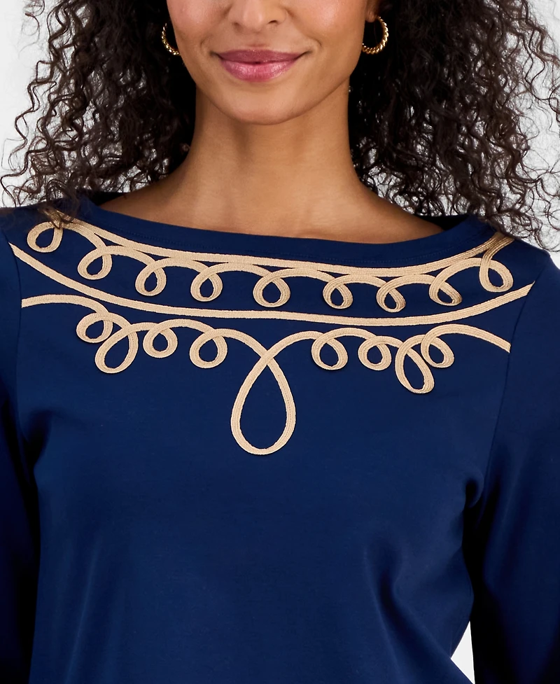 Jm Collection Women's Cotton Soutache 3/4-Sleeve Top, Macy's Exclusive
