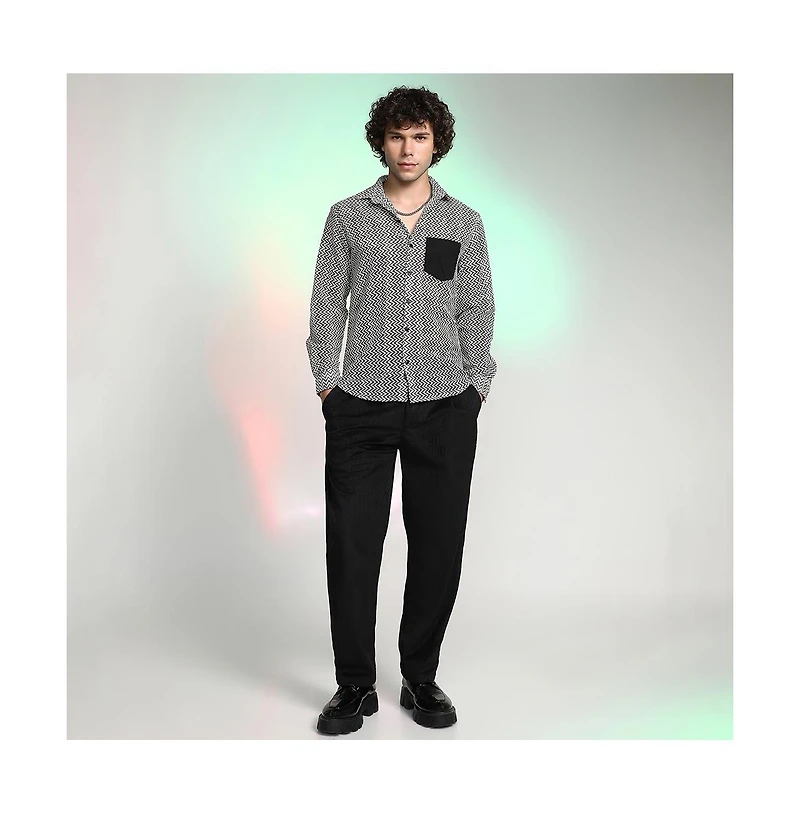 Campus Sutra Men's Onyx Black & Cream White Zig-Zag Block Shirt
