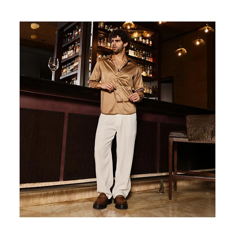 Campus Sutra Men's Sand Beige Solid Satin Shirt