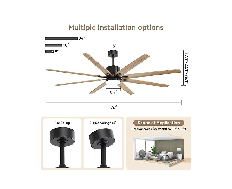 76-inch Modern and Simple Black 8-Blade Ceiling Fans with Remote Control and Lighting Kit