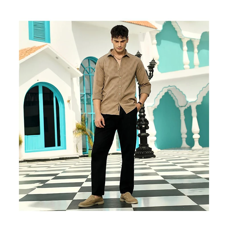 Campus Sutra Men's Ash Brown Grid-Check Tactile Shirt