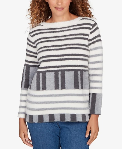 Ruby Rd. Petite Striped Feather Eyelash Pullover Sweater