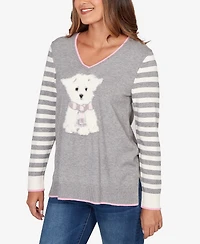 Ruby Rd. Petite Maltese Puppy Striped Sleeve Pullover Sweater