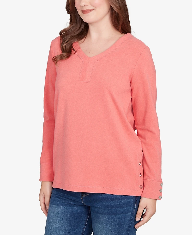 Ruby Rd. Petite Luxe Rib V-Neck Button Accent Knit Top