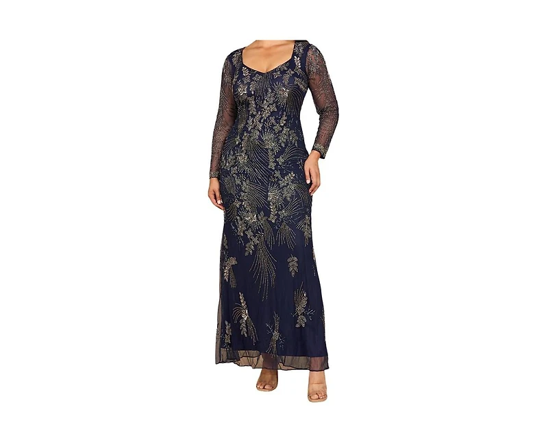 Lara Women's Long Sleeve Queen Anne Beaded Gown