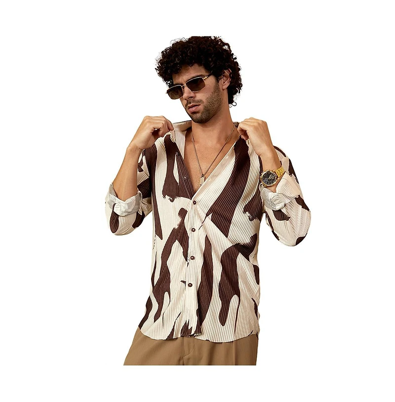 Campus Sutra Men's Chocolate Brown & Daisy White Contour-Lines Pleated Shirt