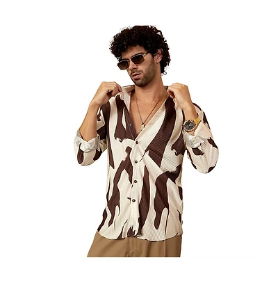 Campus Sutra Men's Chocolate Brown & Daisy White Contour-Lines Pleated Shirt