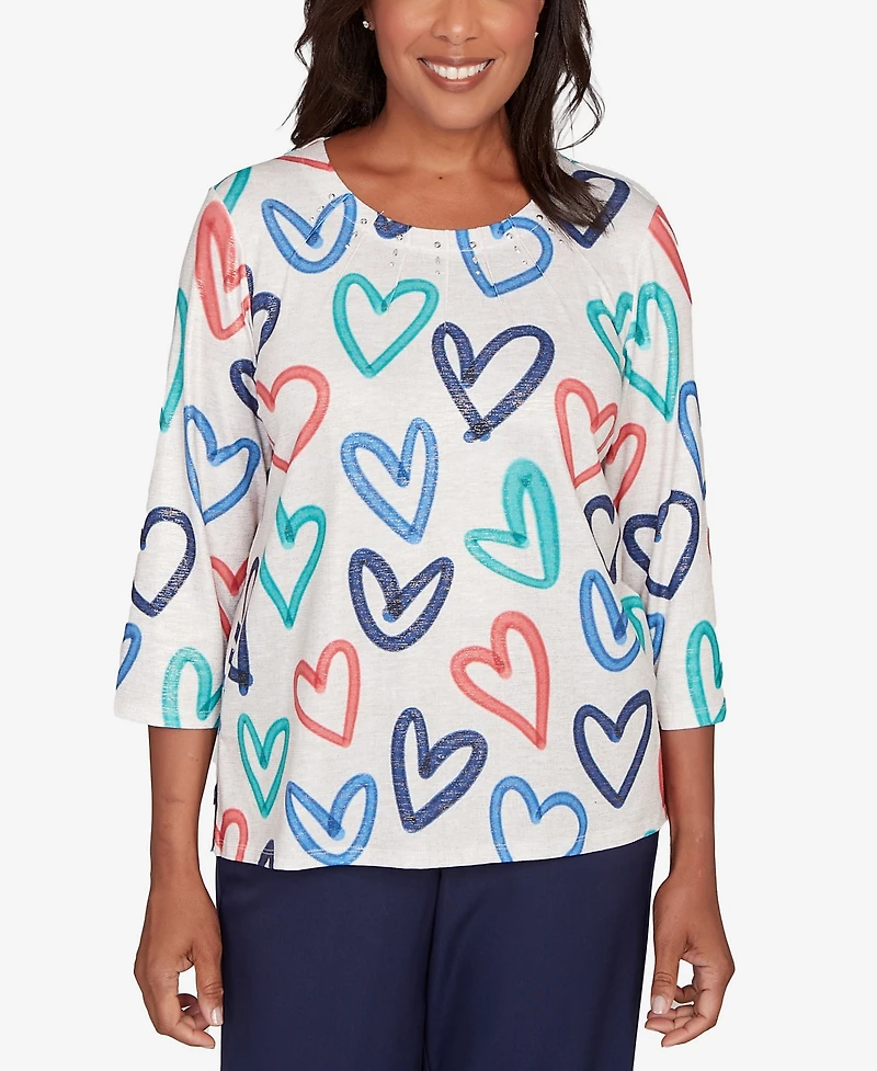 Alfred Dunner Women's Saratoga Springs Tossed Heart Pattern Knit Top