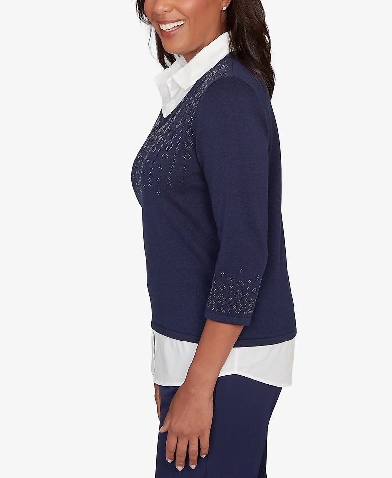 Alfred Dunner Women's Saratoga Springs Metallic Studded Textured Two One Sweater