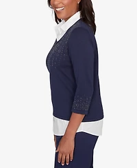 Alfred Dunner Women's Saratoga Springs Metallic Studded Textured Two One Sweater