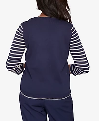 Alfred Dunner Women's Saratoga Springs Heart Motif Detail Striped Sweater