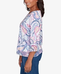 Alfred Dunner Women's Hilton Head Paisley Print Layered Hem Knit Top