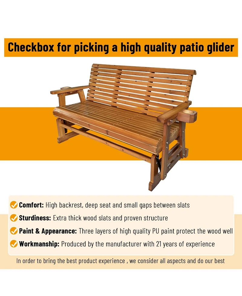 Mega Casa Patio Glider with Cup Holders, High Roll Back and Deep Contoured Seat, 3-Seater, Heavy Duty 800 Lb, 5 Feet (Brown, 3-Seater)