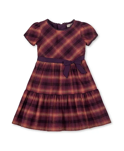 Hope & Henry Big Girls Organic Puff Sleeve Tiered Flannel Dress with Sash