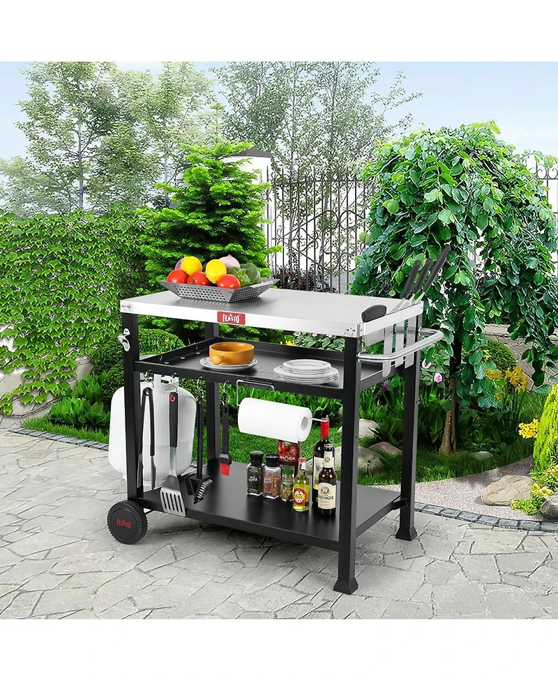 Three Shelf Movable Food Prep and Work Cart Table Home and Outdoor Table Top Worktable on Two Wheels