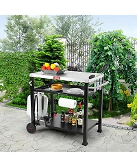 Three Shelf Movable Food Prep and Work Cart Table Home and Outdoor Table Top Worktable on Two Wheels