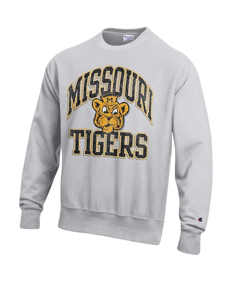 Champion Men's Gray Missouri Tigers Distressed Arch Over Logo Reverse Weave Crew Neck Sweatshirt