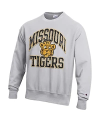 Champion Men's Gray Missouri Tigers Distressed Arch Over Logo Reverse Weave Crew Neck Sweatshirt