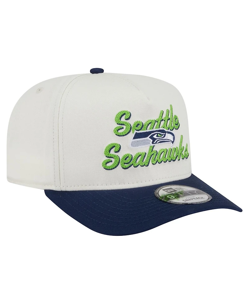 New Era Men's Cream/College Navy Seattle Seahawks Chainstitch A-Frame 9FIFTY Adjustable Hat