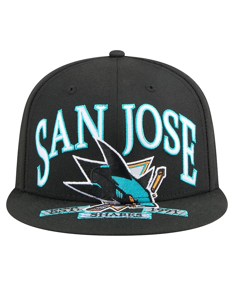 New Era Men's Black San Jose Sharks Oversized Vintage Arch 59Fifty Fitted Hat