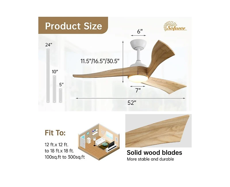 Sofucor 52-inch White Modern 3 Blades Ceiling Fan Light with Remote Control Support Six Speed Ajustable