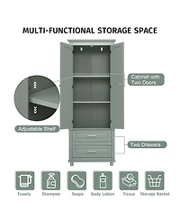 Airsurfer Tall Storage Cabinet with Two Drawers Grey Freestanding Organizer for Bathroom Office Living Room or Bedroom