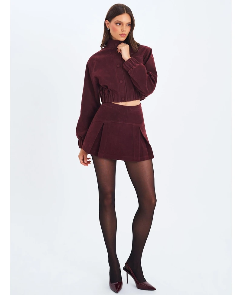 Miss Circle Women's Faryn Mahogany Faux Suede Pleated A-Line Mini Skirt