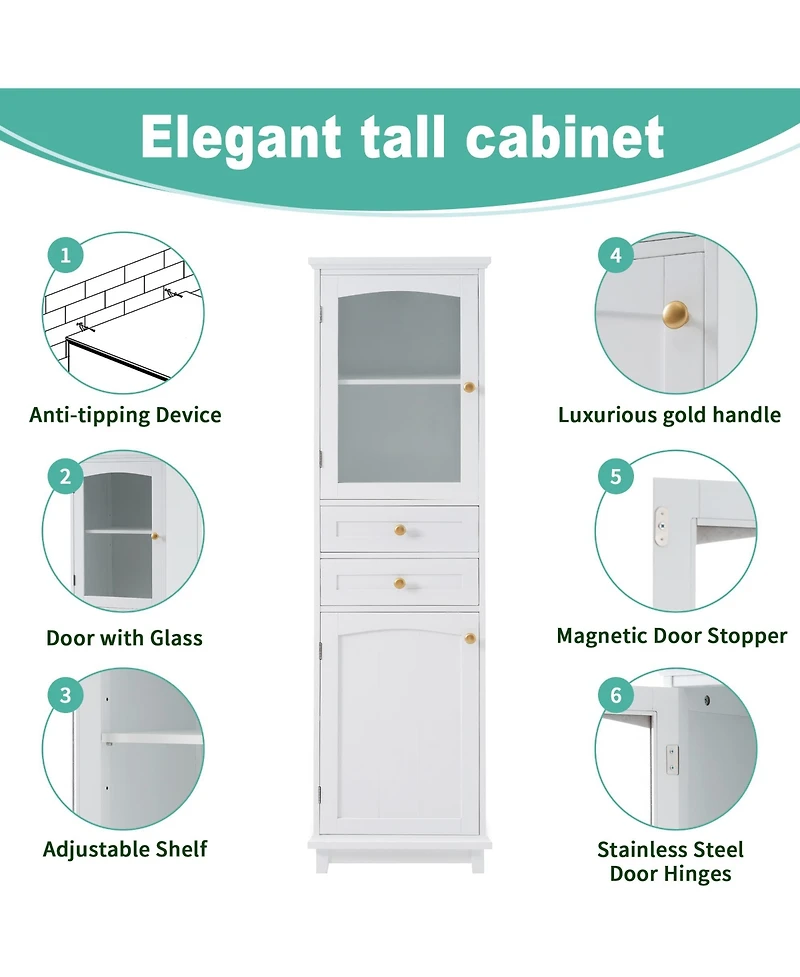 Airsurfer 63 Inch Freestanding Bathroom Storage Cabinet with Glass Doors and Adjustable Shelves Mdf Floor Cabinet for Bathroom