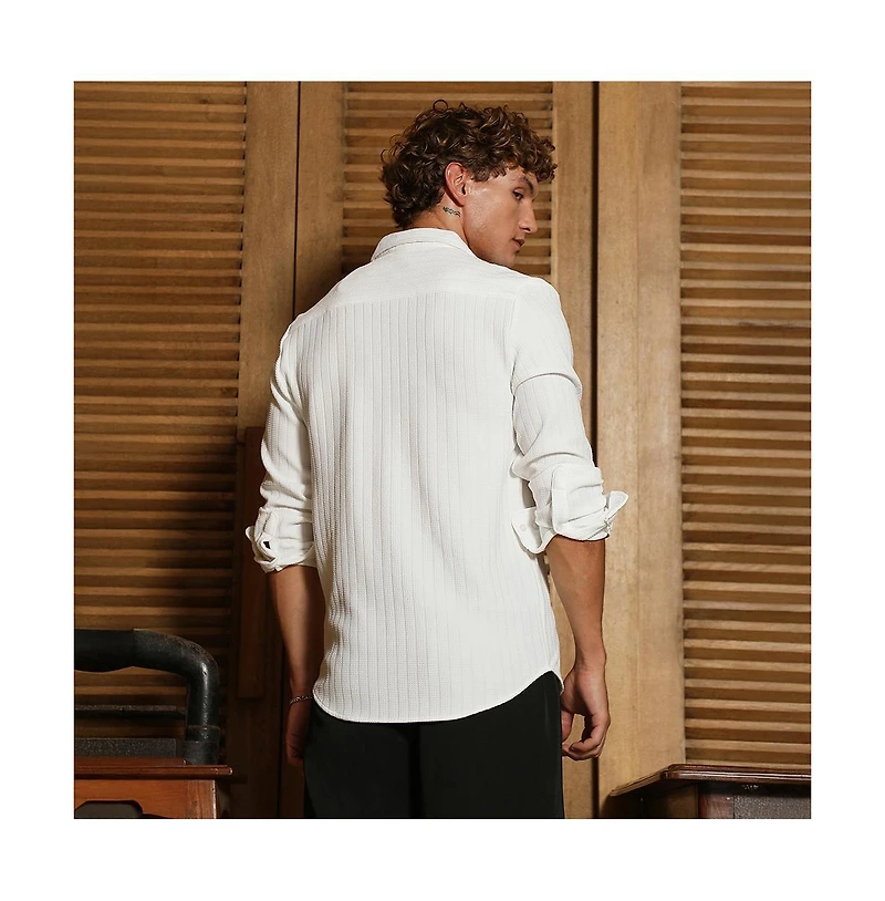 Campus Sutra Men's Chalk White Chevron-Panel Tactile Shirt