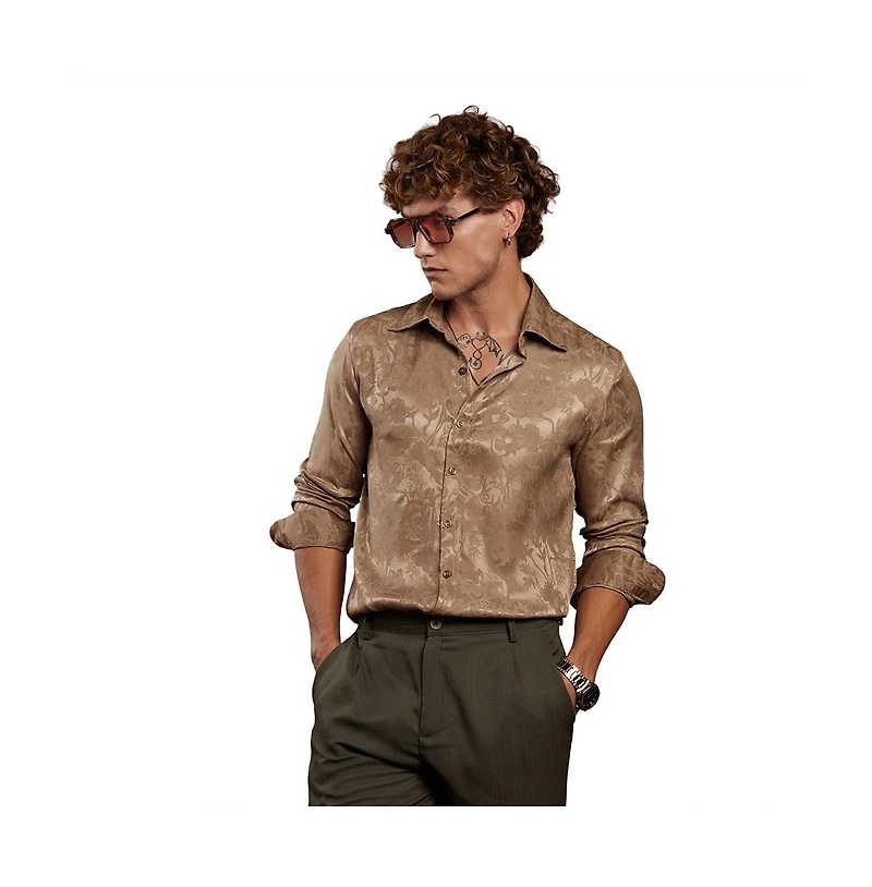 Campus Sutra Men's Peanut Brown Flora-Textured Shirt
