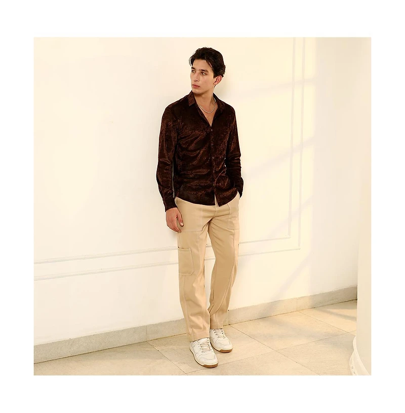 Campus Sutra Men's Chocolate Brown Solid Velvet Shirt