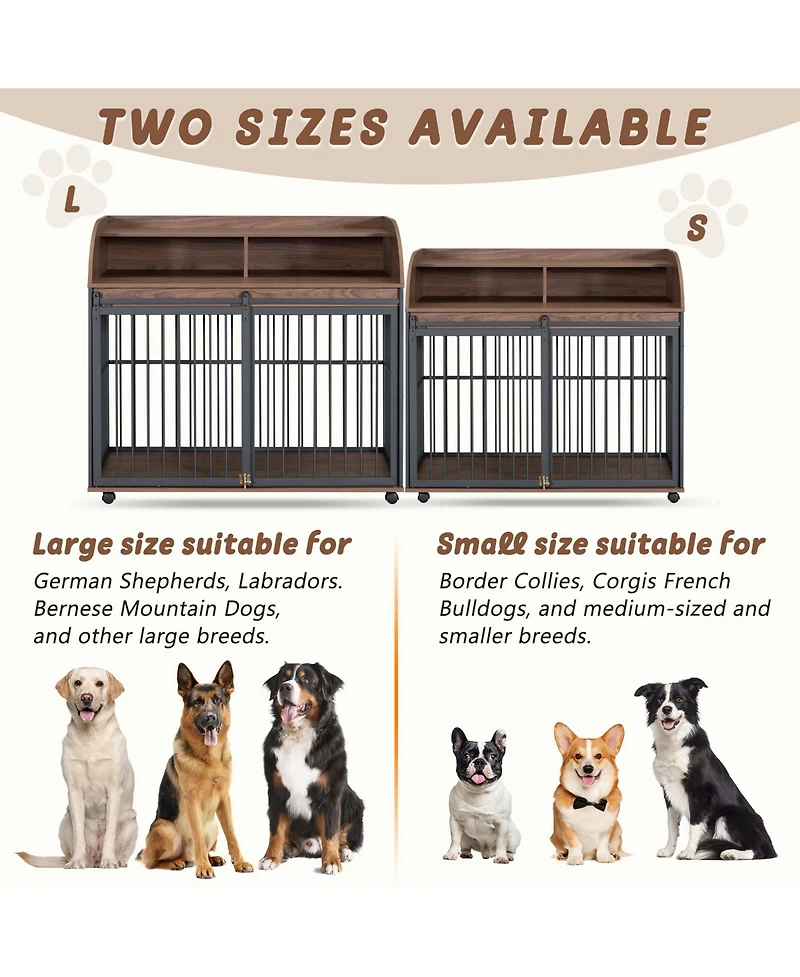 44 Inch Heavy Duty Large Dog Crate Furniture Wooden Dog Kennel End Table Crate with Lockable Wheels and Double Layer Storage Brown