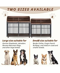 44 Inch Heavy Duty Large Dog Crate Furniture Wooden Dog Kennel End Table Crate with Lockable Wheels and Double Layer Storage Brown