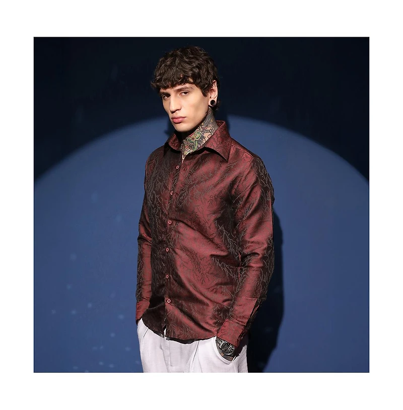 Campus Sutra Men's Burgundy Red Foliage-Woven Shirt