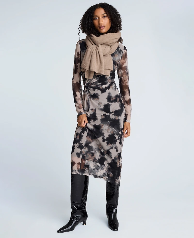 Kenneth Cole Women's Printed Mesh Long-Sleeve Knot Dress