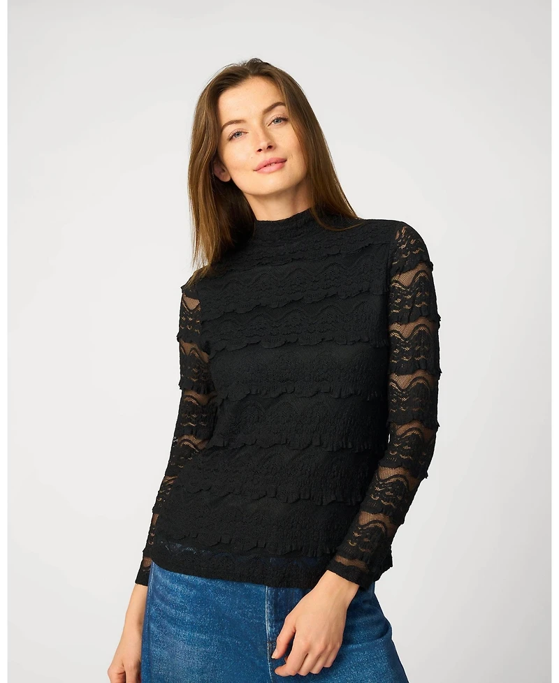 Cable & Gauge Women's Ruffle Lace Stretch Mock Neck Top