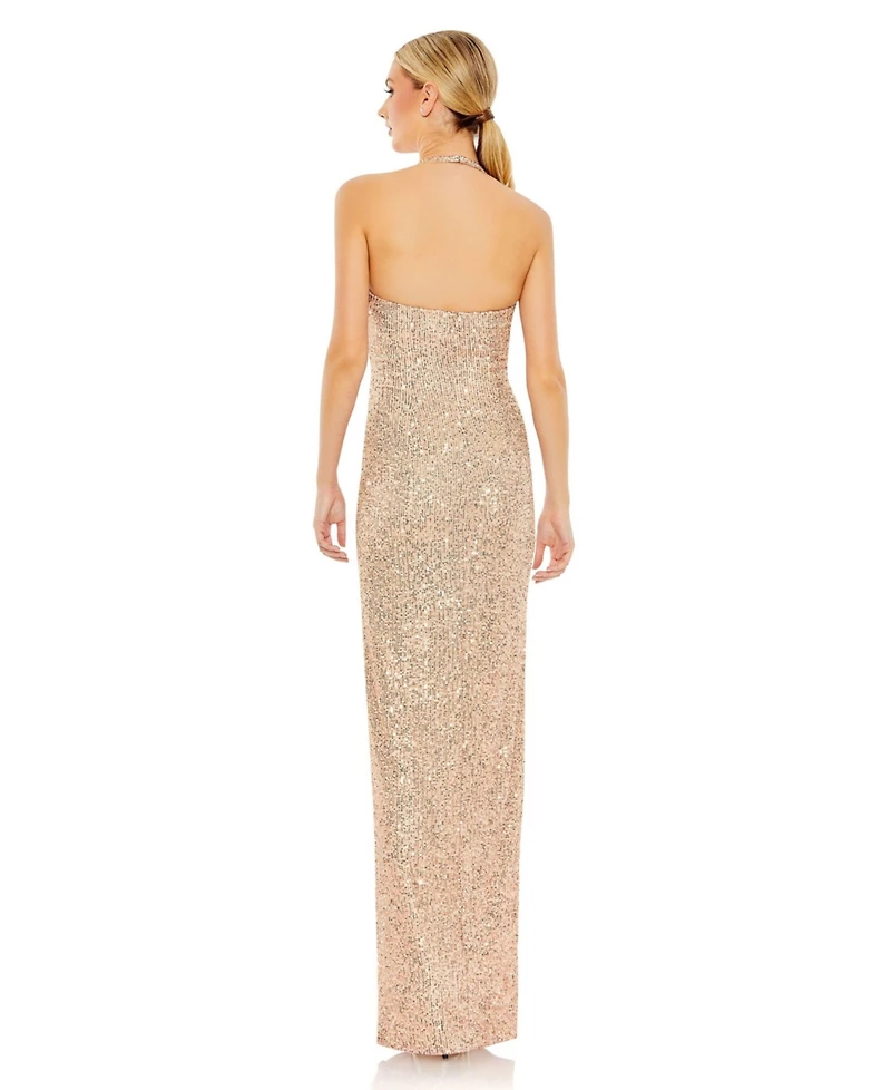 Mac Duggal Women's Sequined Halter Strap Low Side Knot Gown