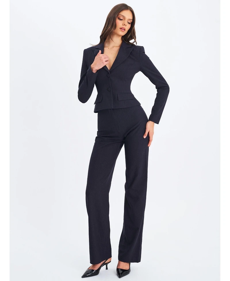 Miss Circle Women's Quinnie Navy Striped High-Waisted Straight Leg Pant