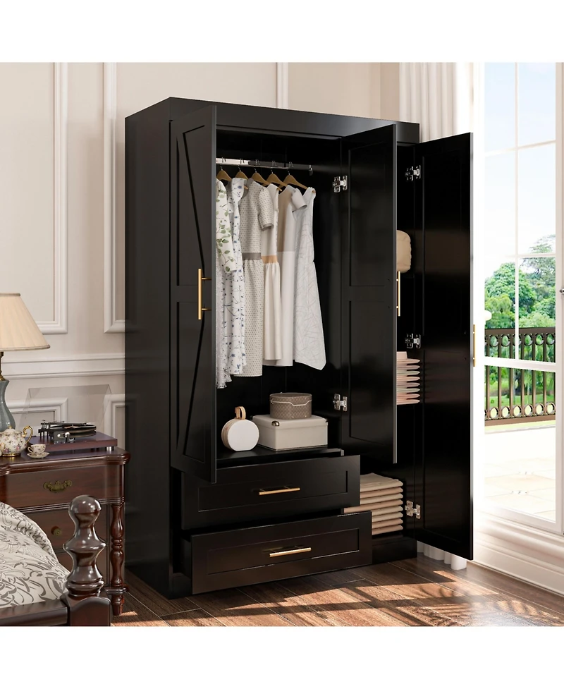 Freestanding Wood Bedroom Armoire with Hanging Rod and Shelves