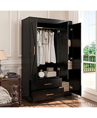 Freestanding Wood Bedroom Armoire with Hanging Rod and Shelves