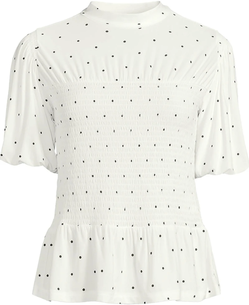 Lands' End Plus Bubble Sleeve Silky Knit Smocked Mock Neck Top