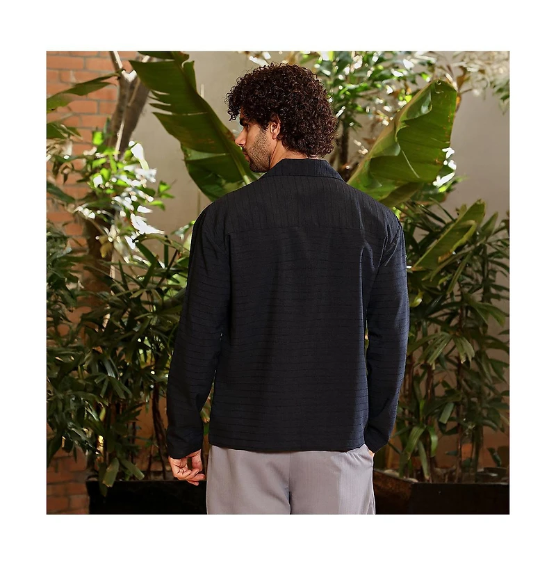Campus Sutra Men's Onyx Black Striped Cuban Shirt