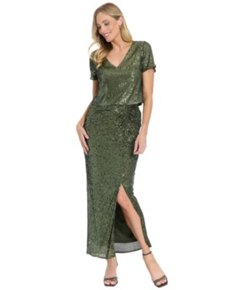 Muse Womens V Neck Sequin Crop Top Side Twist Skirt