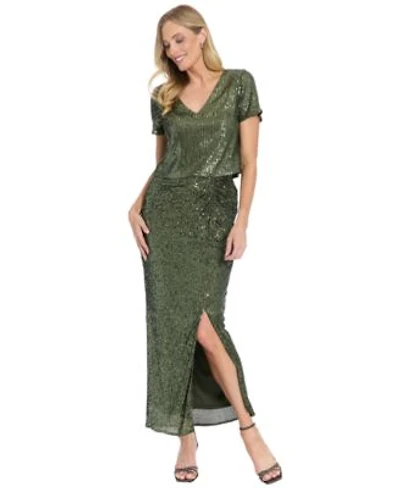 Muse Womens V Neck Sequin Crop Top Side Twist Skirt