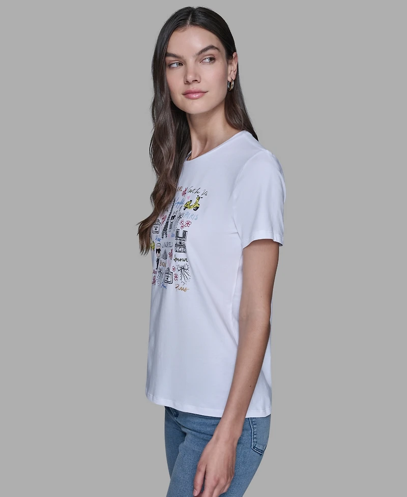 Karl Lagerfeld Paris Women's Mixed Motif Printed T-Shirt