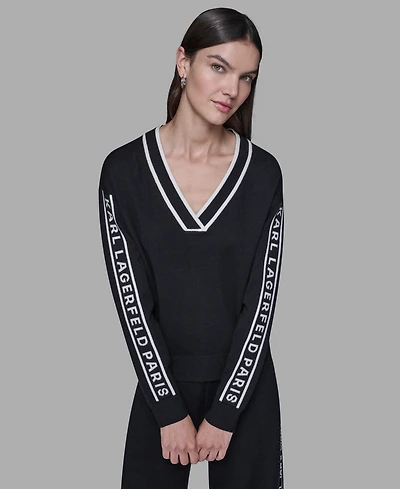 Karl Lagerfeld Paris Women's Logo Tape V-Neck Sweater