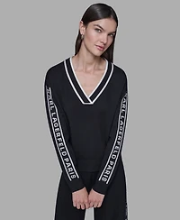 Karl Lagerfeld Paris Women's Logo Tape V-Neck Sweater